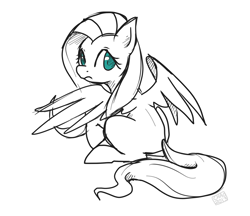 Size: 1953x1685 | Tagged: safe, artist:sharmie, fluttershy, pegasus, pony, back, black and white, grayscale, monochrome, partial color, sketch, solo