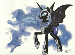 Size: 3466x2517 | Tagged: safe, artist:dracontiar, nightmare moon, alicorn, pony, armor, female, mare, raised hoof, simple background, solo, spread wings, traditional art, watercolor painting, white background