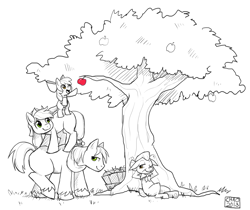 Size: 2283x1916 | Tagged: safe, artist:sharmie, apple bloom, applejack, big macintosh, granny smith, earth pony, pony, apple, apple family, black and white, grayscale, male, monochrome, neo noir, partial color, pile, stallion, tree