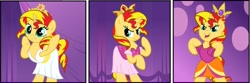 Size: 1280x423 | Tagged: safe, artist:pony-paint, artist:ponypaint, sunset shimmer, pony, unicorn, equestria girls, equestria girls (movie), bipedal, clothes, crown, dress, equestria girls ponified, fall formal, fall formal outfits, looking at you, meme, photo, ponified, prom queen meme, raised hoof, scene interpretation, show accurate, skirt, solo