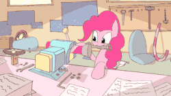 Size: 1280x720 | Tagged: safe, artist:kanashiipanda, pinkie pie, earth pony, pony, allen wrench, animated, bolts, candy cane, cute, diapinkes, engineering, female, fixing, flag, frame by frame, hammer, juice box, mallet, mare, mouth hold, party cannon, photoshop, saw, schematics, sledgehammer, smiling, smooth as butter, solo, tools, vice, wrench