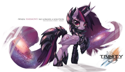 Size: 1600x924 | Tagged: safe, artist:xennos, twilight sparkle, twilight sparkle (alicorn), alicorn, pony, alternate hairstyle, armor, badass, corrupted, crown, epic, evil, female, galaxy, grammar error, looking at you, looking back, mare, misspelling, newbie artist training grounds, nightmare, older, raised hoof, raised leg, simple background, solo, theory, trinity: rebirth, twibutt, tyrant sparkle, wallpaper