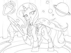Size: 800x600 | Tagged: safe, artist:mr-tiaa, trixie, pony, unicorn, alternate costumes, cape, clothes, female, hat, mare, monochrome, open mouth, solo, space, stage, trixie's cape, trixie's hat