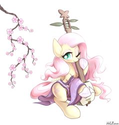 Size: 1644x1724 | Tagged: dead source, safe, artist:mlpanon, fluttershy, pegasus, pony, cherry blossoms, clothes, cute, female, flower, kimono (clothing), mare, musical instrument, shamisen, shyabetes, simple background, solo, white background, wingding eyes, wink