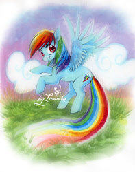 Size: 600x763 | Tagged: safe, artist:imanika, rainbow dash, pegasus, pony, cloud, female, grass, mare, outdoors, rearing, solo