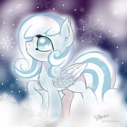 Size: 2025x2025 | Tagged: safe, artist:altohearts, oc, oc only, oc:snowdrop, pegasus, pony, female, filly, raised hoof, snow, snowflake, solo