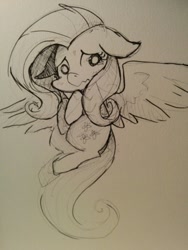 Size: 960x1280 | Tagged: safe, artist:sharmie, fluttershy, pegasus, pony, black and white, distress, floating, floppy ears, grayscale, looking at you, monochrome, scared, simple background, sketch, solo, spread wings, traditional art, uncomfortable, white background
