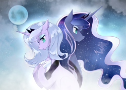 Size: 836x600 | Tagged: safe, artist:yuki-zakuro, princess luna, alicorn, pony, duality, female, mare, moon, s1 luna, self ponidox, the fun has been doubled