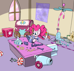 Size: 907x877 | Tagged: safe, artist:metal-kitty, pinkie pie, earth pony, pony, blueprint, crossover, engie pie, engineer, engineering, flying contraption, helicopter, mouth hold, party cannon, pi, pinkiecopter, screwdriver, team fortress 2, tools