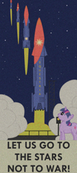 Size: 598x1337 | Tagged: safe, artist:thefieldsofice, twilight sparkle, pony, unicorn, fallout equestria, emblem, fanfic, fanfic art, female, hooves, horn, mare, ministry mares, ministry of arcane sciences, poster, propaganda, smiling, solo, soviet, spaceship, text