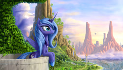 Size: 1944x1111 | Tagged: safe, artist:zigword, princess luna, alicorn, pony, :o, airship, balcony, beautiful, blimp, blushing, bridge, cliff, cloud, cloudy, cute, female, grass, leaning, looking up, lunabetes, mare, mountain, ocean, river, road, s1 luna, scenery, scenery porn, shore, solo, spread wings, sweet dreams fuel, tower, tree, vine, water, waterfall, wave