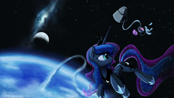 Size: 1920x1080 | Tagged: safe, artist:darkflame75, princess luna, twilight sparkle, alicorn, pony, unicorn, astronaut, book, female, floating, frown, levitation, looking back, magic, mare, moon, nebula, open mouth, orbit, planet, space, spaceship, spacesuit, stars, telekinesis, upside down