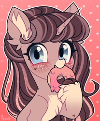Size: 1044x1260 | Tagged: safe, artist:vensual99, oc, oc only, unicorn, blue eyes, chest fluff, donut, ear fluff, eating, female, food, freckles, heart, hoof fluff, pale belly, simple background
