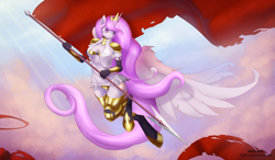 Size: 6853x4000 | Tagged: safe, artist:hardcrowmao, princess celestia, alicorn, anthro, unguligrade anthro, absurd resolution, armor, banner, breasts, female, flag, pink-mane celestia, solo, unconvincing armor