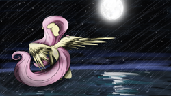 Size: 4800x2700 | Tagged: safe, artist:flamevulture17, fluttershy, pegasus, pony, moon, night, rain, solo