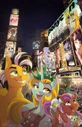 Size: 600x927 | Tagged: safe, artist:drawponies, artist:dvixie, artist:tsitra360, applejack, bon bon, derpy hooves, dj pon-3, fluttershy, lightning dust, lyra heartstrings, octavia melody, pinkie pie, princess luna, rainbow dash, rarity, sweetie drops, twilight sparkle, twilight sparkle (alicorn), vinyl scratch, oc, oc:bowtie, oc:cabbie, oc:liberty, alicorn, earth pony, griffon, pegasus, pony, unicorn, awesome, button, city, convention, female, mare, mascot, new york city, ponycon, ponycon nyc