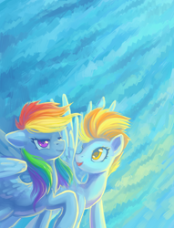 Size: 1300x1700 | Tagged: safe, artist:dragonataxia, lightning dust, rainbow dash, pegasus, pony, duo, painting, sky, smiling