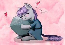 Size: 1502x1047 | Tagged: safe, artist:sigmanas, maud pie, tom, earth pony, pony, behaving like a cat, blushing, cargo ship, clothes, cute, eyes closed, female, heart, hearts and hooves day, hug, love, mare, maudabetes, purring, rock, rockcon, shipping, sitting, smiling, that pony sure does love rocks, tomaud, valentine's day, when she smiles, щщоки