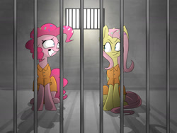 Size: 2000x1500 | Tagged: safe, artist:fa-brony, fluttershy, pinkie pie, earth pony, pegasus, pony, clothes, confetti, death stare, fluttershy is not amused, noodle incident, prison, prison outfit, this ended in jail time