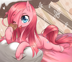 Size: 698x600 | Tagged: safe, artist:aymint, pinkie pie, earth pony, pony, alternate hairstyle, bed, cute, cuteamena, diapinkes, female, heart, loose hair, mare, one eye closed, pillow, pinkamena diane pie, prone, solo, tongue out, unshorn fetlocks, valentine, wink