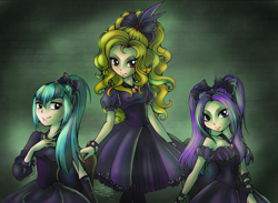 Size: 1024x748 | Tagged: safe, artist:midnameowfries, adagio dazzle, aria blaze, sonata dusk, human, clothes, dress, humanized, saloon dress, the dazzlings