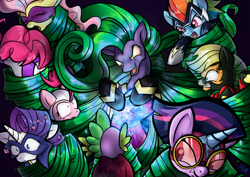 Size: 1280x905 | Tagged: safe, artist:dawnallies, applejack, fili-second, fluttershy, humdrum, mane-iac, masked matter-horn, mistress marevelous, pinkie pie, radiance, rainbow dash, rarity, saddle rager, spike, twilight sparkle, twilight sparkle (alicorn), zapp, alicorn, dragon, earth pony, pegasus, pony, unicorn, power ponies (episode), female, mare, power ponies