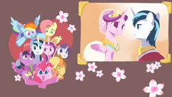 Size: 1920x1080 | Tagged: safe, artist:drtuo4, applejack, fluttershy, pinkie pie, princess cadance, rainbow dash, rarity, shining armor, spike, twilight sparkle, twilight sparkle (alicorn), alicorn, dragon, earth pony, pegasus, pony, unicorn, a canterlot wedding, cowboy hat, female, flower, hat, kiss the girl, mane seven, mane six, mare, no pupils, video at source