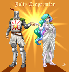 Size: 1200x1248 | Tagged: safe, artist:pia-sama, princess celestia, human, breasts, crossover, dark souls, female, fist bump, humanized, jolly cooperation, praise the sun, princess breastia, solaire of astora