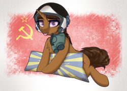 Size: 3000x2160 | Tagged: safe, artist:lakunae, oc, oc:moonlight shadow, pony, unicorn, air force, commission, femboy, helicopter helmet, helmet, horn, looking at you, male, pillow, pilot, soviet union