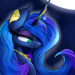 Size: 2000x2000 | Tagged: safe, artist:madacon, princess luna, alicorn, pony, bedroom eyes, earring, horn jewelry, jewelry, moon, night, portrait, smiling, solo