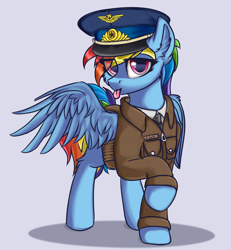 Size: 2000x2160 | Tagged: safe, alternate version, artist:lakunae, rainbow dash, pegasus, pony, cheek fluff, clothes, ear fluff, eye clipping through hair, female, hat, leg fluff, looking at you, mare, military, military uniform, pilot, simple background, solo, soviet, tongue out, wing fluff, wings