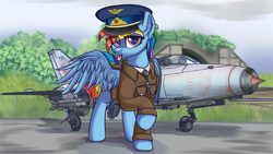 Size: 3840x2160 | Tagged: safe, artist:lakunae, rainbow dash, pegasus, pony, aircraft, airfield, female, hangar, looking at you, mare, mig-21, military, military uniform, pilot, pilot dash, soviet, tongue out, wings
