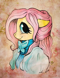 Size: 579x750 | Tagged: safe, artist:scheadar, fluttershy, pegasus, pony, bust, clothes, cute, dress, floppy ears, looking at you, portrait, shyabetes, solo