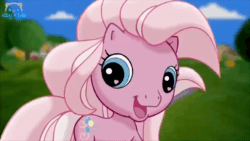 Size: 600x338 | Tagged: safe, pinkie pie (g3), earth pony, pony, g3.5, animated, commercial, cute, female, frame by frame, g3 diapinkes, gif, looking at you, mare, one eye closed, sky kids, smiling at you, wink