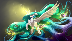 Size: 1920x1080 | Tagged: safe, artist:underpable, princess celestia, alicorn, pony, action pose, elements of harmony, glowing eyes, glowing horn, impossibly long hair, impossibly long tail, jewelry, levitation, magic, regalia, solo, spread wings, wallpaper