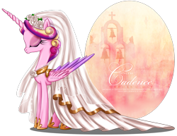 Size: 1446x1118 | Tagged: safe, artist:tiffanymarsou, princess cadance, alicorn, pony, alternate hairstyle, clothes, dress, eyes closed, solo, watermark, wedding dress, wedding veil