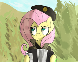 Size: 1280x1024 | Tagged: safe, artist:wuzzlefluff, fluttershy, pegasus, pony, accordion, clothes, dat face soldier, musical instrument, remove kebab, serbia, serbia strong, solo