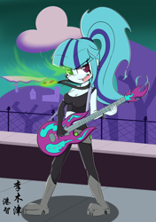 Size: 1280x1815 | Tagged: safe, artist:lightningnickel, sonata dusk, equestria girls, belly button, cleavage, clothes, crossover, danny phantom, ember mclain, female, guitar, looking at you, midriff, open mouth, solo, tanktop