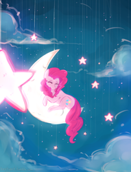 Size: 1280x1679 | Tagged: safe, artist:beaty, pinkie pie, earth pony, pony, eyes closed, moon, solo, stars, tangible heavenly object