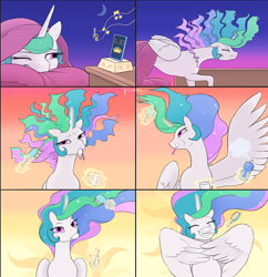 Size: 2000x2063 | Tagged: safe, artist:arareroll, princess celestia, alicorn, pony, adorkable, alarm clock, beautiful, bed, bed mane, blanket, brush, brushie, brushing, clock, comic, cute, cutelestia, dork, ethereal mane, eyes closed, female, floppy ears, flowing mane, frown, gradient background, grin, magic, majestic as fuck, mare, messy mane, morning ponies, multicolored mane, multicolored tail, music notes, praise the sun, pretty, princess dorklestia, purple eyes, sillestia, silly, silly face, silly pony, slice of life, smiling, solo, sparkles, spray bottle, spread wings, telekinesis, tired, toothbrush, toothpaste, wing hands, wings, wink