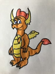 Size: 450x600 | Tagged: safe, artist:whistle blossom, smolder, dragon, crossover, cute, cute little fangs, dragon tales, dragoness, fangs, female, looking at you, marker drawing, simple background, smiling, smiling at you, smolderbetes, solo, standing, style emulation, teenaged dragon, teenager, traditional art, white background