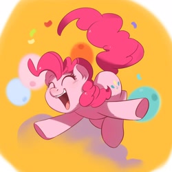 Size: 3034x3034 | Tagged: safe, artist:drtuo4, pinkie pie, earth pony, pony, balloon, confetti, cute, diapinkes, ear fluff, eyes closed, female, high res, mare, open mouth, orange background, simple background, solo