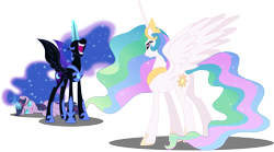 Size: 6301x3500 | Tagged: safe, artist:theshadowstone, nightmare moon, princess celestia, twilight sparkle, twilight sparkle (alicorn), alicorn, pony