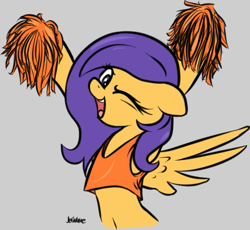 Size: 791x729 | Tagged: safe, artist:jetwave, oc, oc only, oc:sunfall, pegasus, pony, semi-anthro, fallout equestria, /foe/, armpits, belly button, bipedal, cheerleader, clothes, cute, happy, midriff, one eye closed, shirt, solo, tanktop, wink