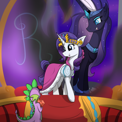 Size: 4000x4000 | Tagged: safe, artist:dazed-and-wandering, nightmare rarity, rarity, spike, dragon, pony, unicorn, clothes, comic, dress, female, fire ruby, male, nightmare sparity, nightmare sparity ménage à trois, scene interpretation, shipping, sparity, straight