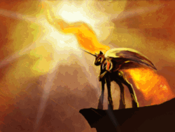 Size: 956x720 | Tagged: safe, artist:cosmicunicorn, artist:equum_amici, nightmare star, alicorn, pony, animated, cinemagraph, fire, glowing eyes, solo, sun, surreal, visual effects of awesome