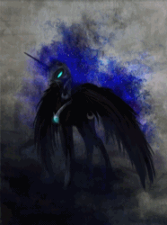 Size: 761x1024 | Tagged: safe, artist:cosmicunicorn, artist:equum_amici, edit, nightmare moon, animated, cinemagraph, ethereal mane, glowing eyes, solo