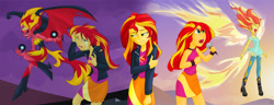 Size: 2299x885 | Tagged: safe, artist:didj, sunset satan, sunset shimmer, equestria girls, my past is not today, rainbow rocks, clothes, crown, crying, eyes closed, fangs, flying, jacket, jewelry, microphone, multeity, one eye closed, open mouth, regalia, singing, sunset phoenix