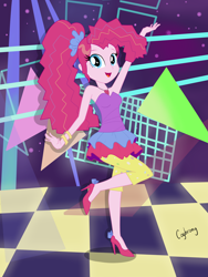 Size: 5020x6667 | Tagged: safe, artist:thebrokencog, pinkie pie, equestria girls, friendship through the ages, absurd resolution, bare shoulders, clothes, dress, high heels, new wave pinkie, sleeveless, solo, strapless