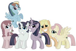 Size: 5976x4032 | Tagged: safe, artist:thecheeseburger, applejack, fluttershy, pinkie pie, rainbow dash, rarity, twilight sparkle, twilight sparkle (alicorn), alicorn, earth pony, pegasus, pony, unicorn, the cutie map, absurd resolution, alternate hairstyle, bad end, brainwashing, creepy, equalized, equestria is doomed, female, mane six, mare, nightmare fuel, pigtails, simple background, stepford smiler, this will end in communism, transparent background, vector, xk-class end-of-the-world scenario